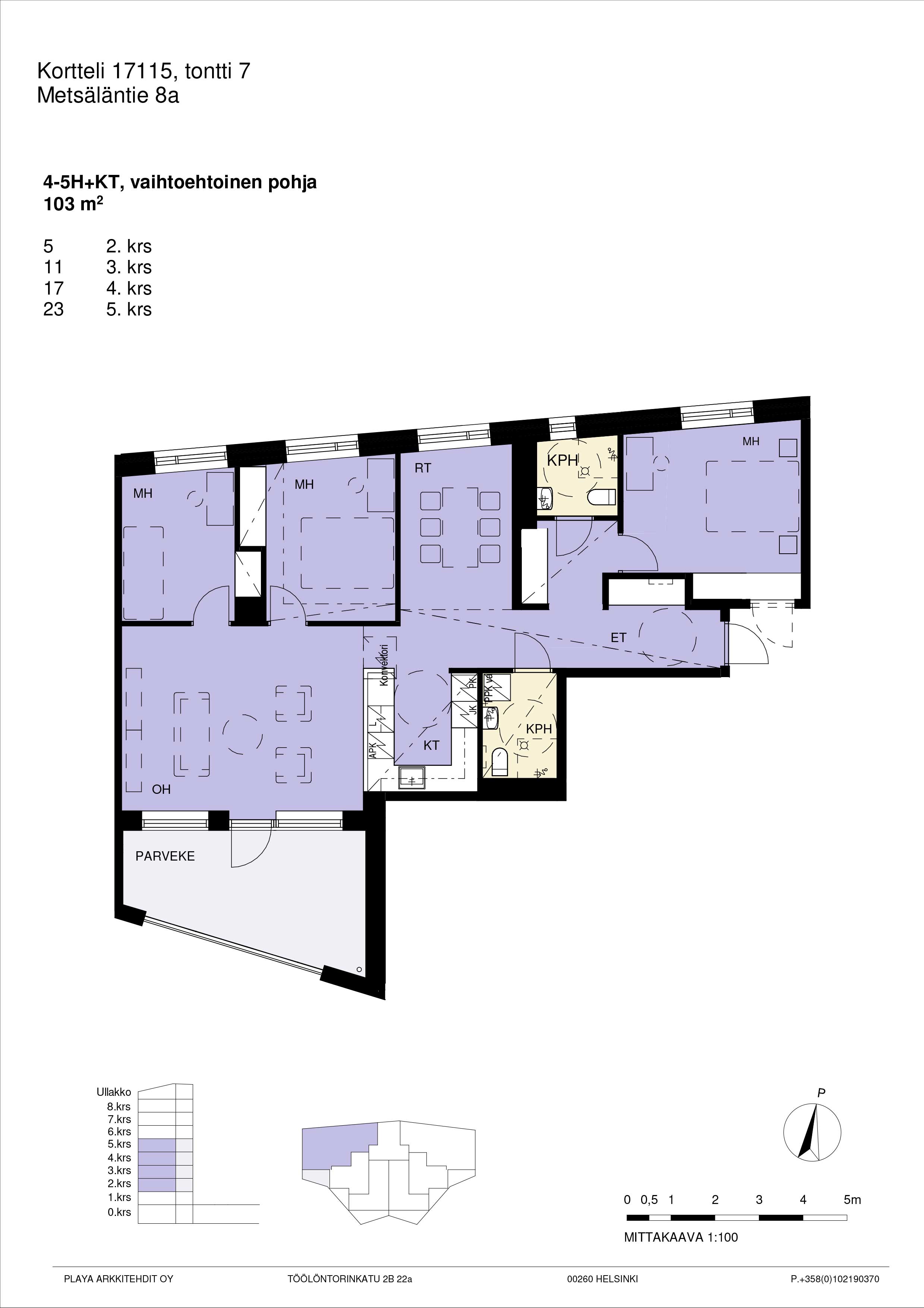 Vaihtoehtopohja: Pohjakuva A23, 4-5h+kt yhtenäinen suuri asunto 103 m2