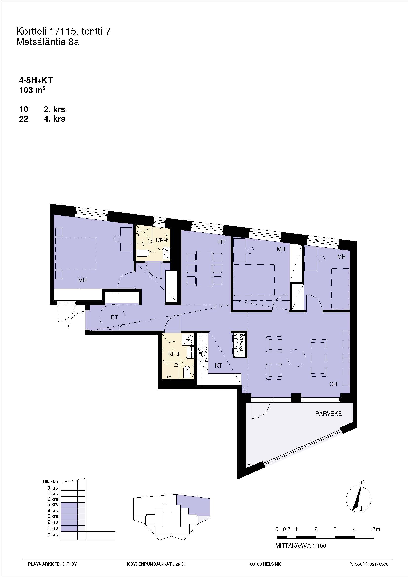 Pohjakuva A22, 4-5h+kt yhtenäinen suuri asunto 103 m2