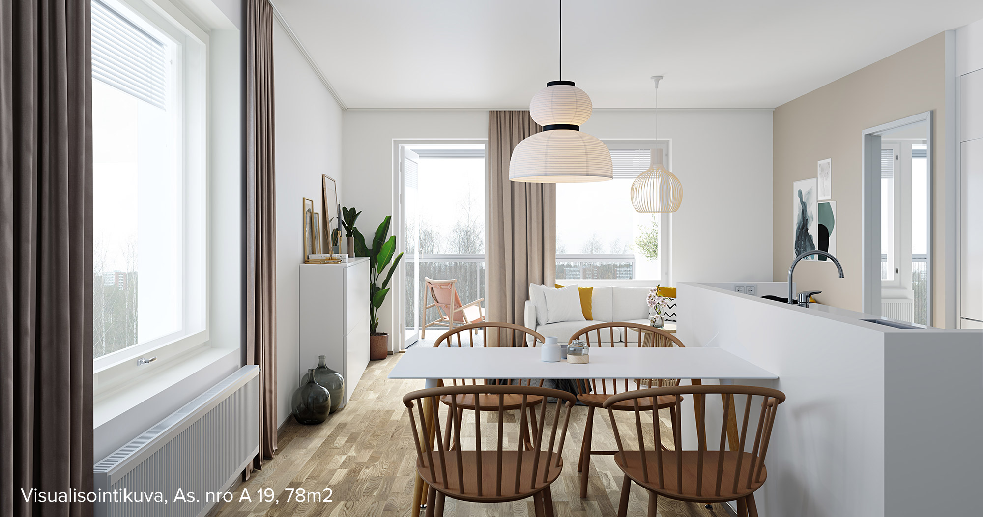 Visualisointikuva ylemmän kerroksen vastaavasta asunnosta