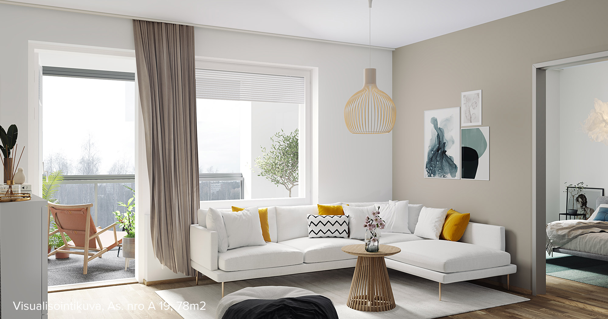 Visualisointikuva ylemmän kerroksen vastaavasta asunnosta